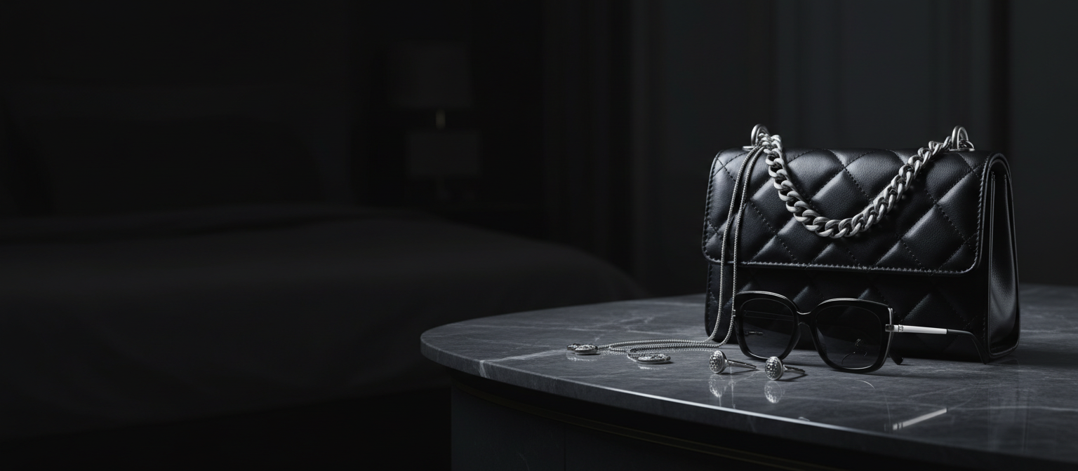 Schwarze gesteppte Ledertasche mit Silberkette, Silberschmuck und Sonnenbrille auf dunklem Marmor