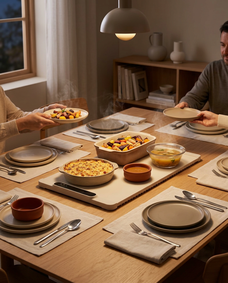 Warmio Mat posé au centre d'une table de famille, plats chauds fumants