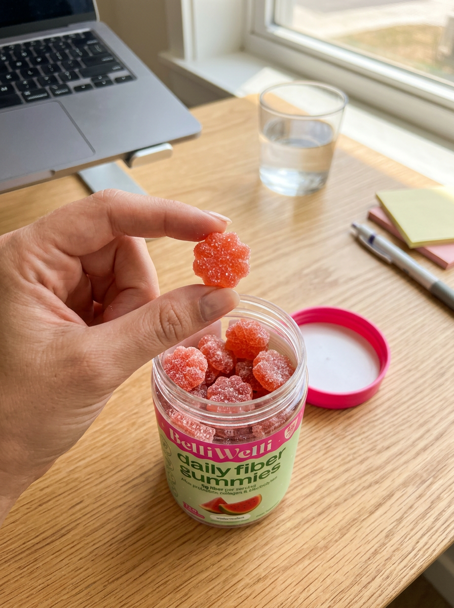 Hand holding a flower-shaped BelliWelli Watermelon fiber gummy above an open jar on a desk next to a laptop