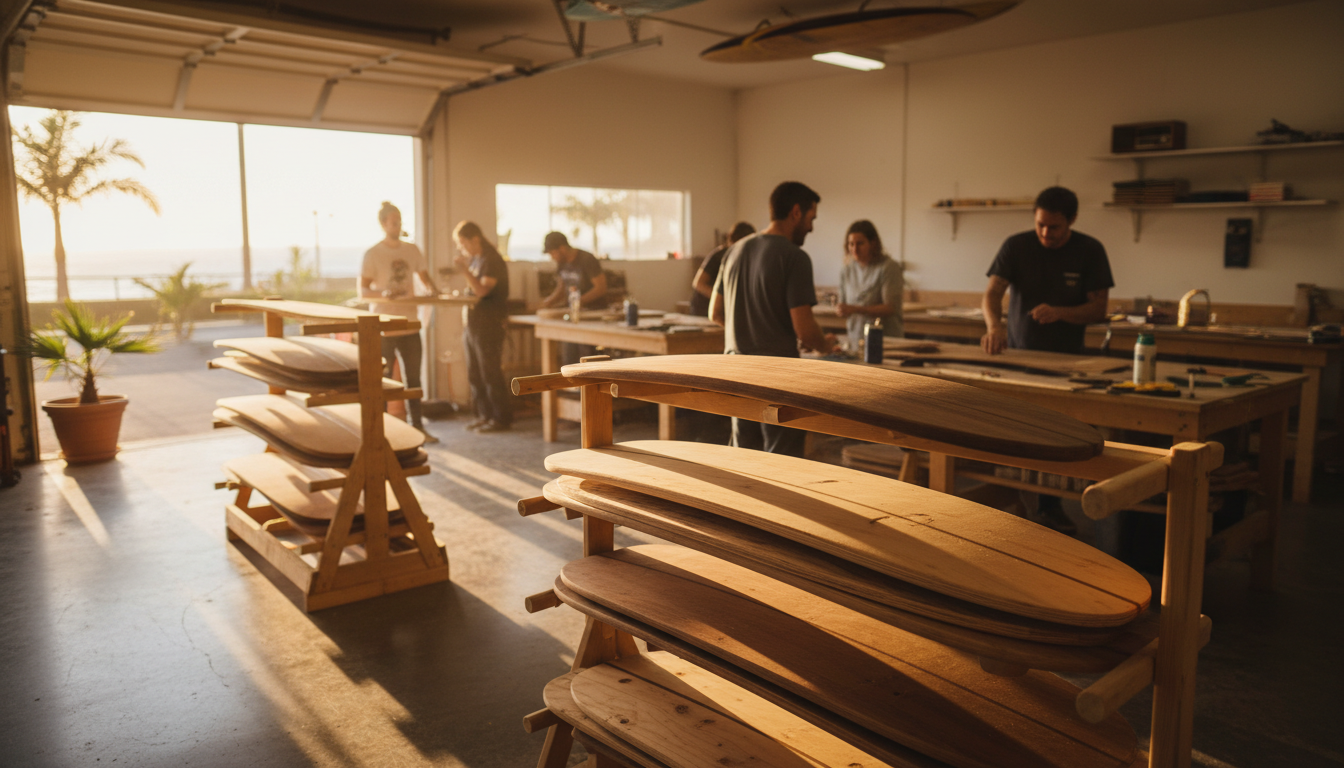 FluidStance's sunlit manufacturing workshop in Santa Barbara with balance board decks on racks