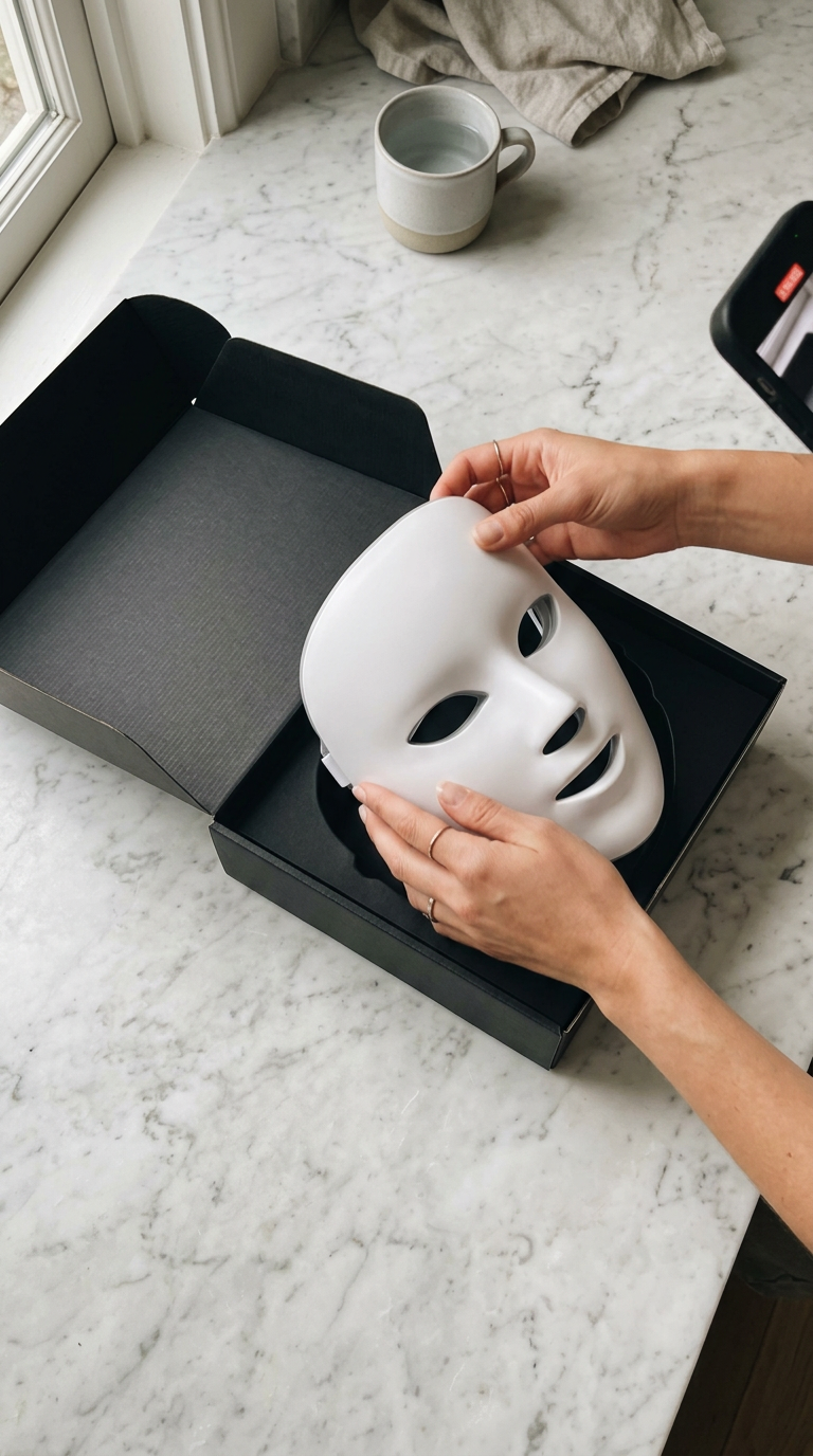 Unboxing the AGE REWIND LED skincare mask on a marble counter