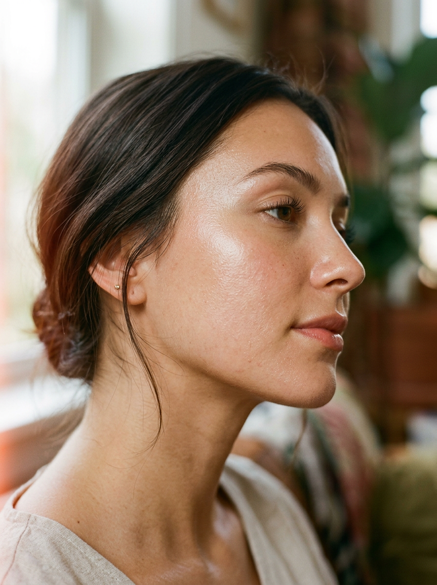Close-up of smooth, radiant skin along a woman's cheek and jawline