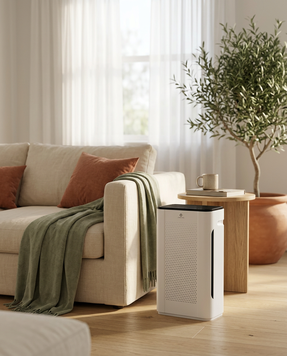 Sunlit living room with a linen sofa, olive tree and an air purifier