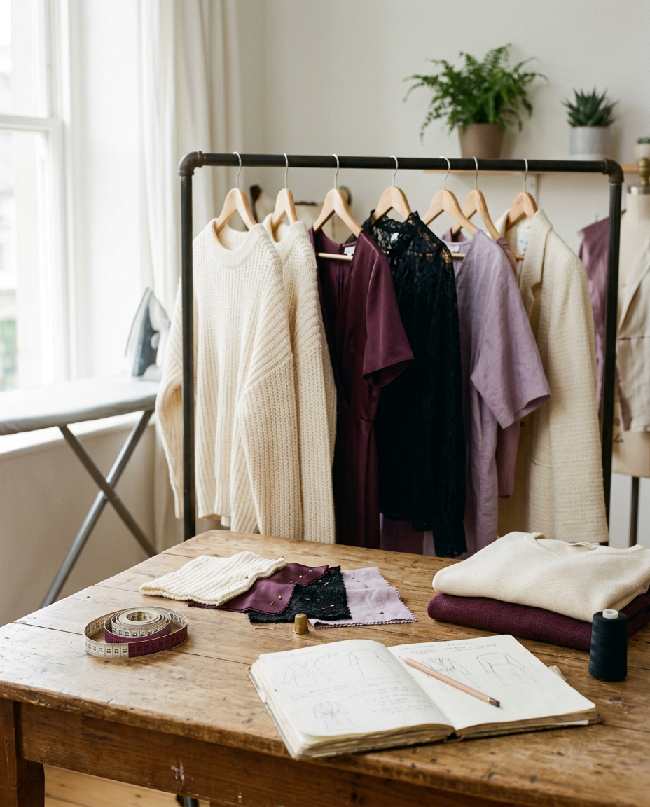 A studio clothing rail of cream knitwear, plum satin and black lace beside a table of fabric swatches, a tape measure and a sketchbook