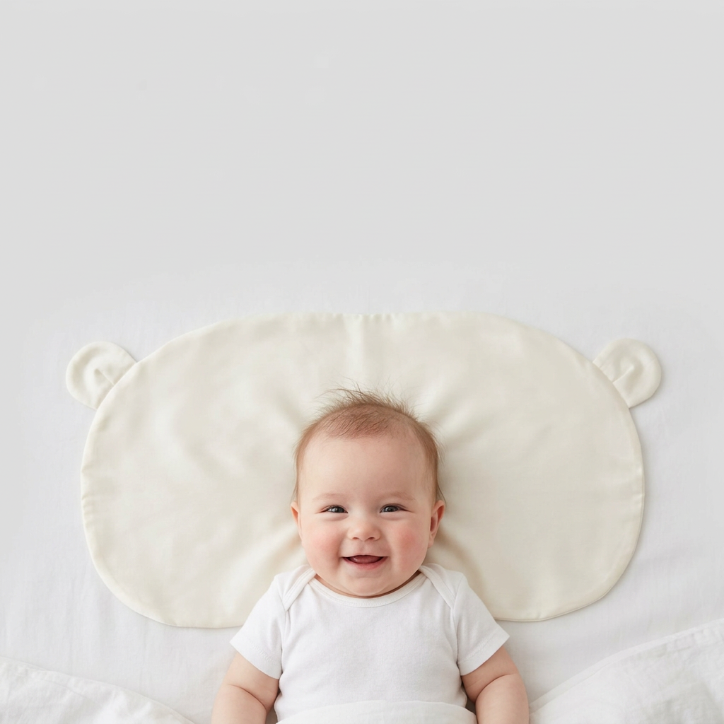Smiling baby lying on the ivory silk head sheet