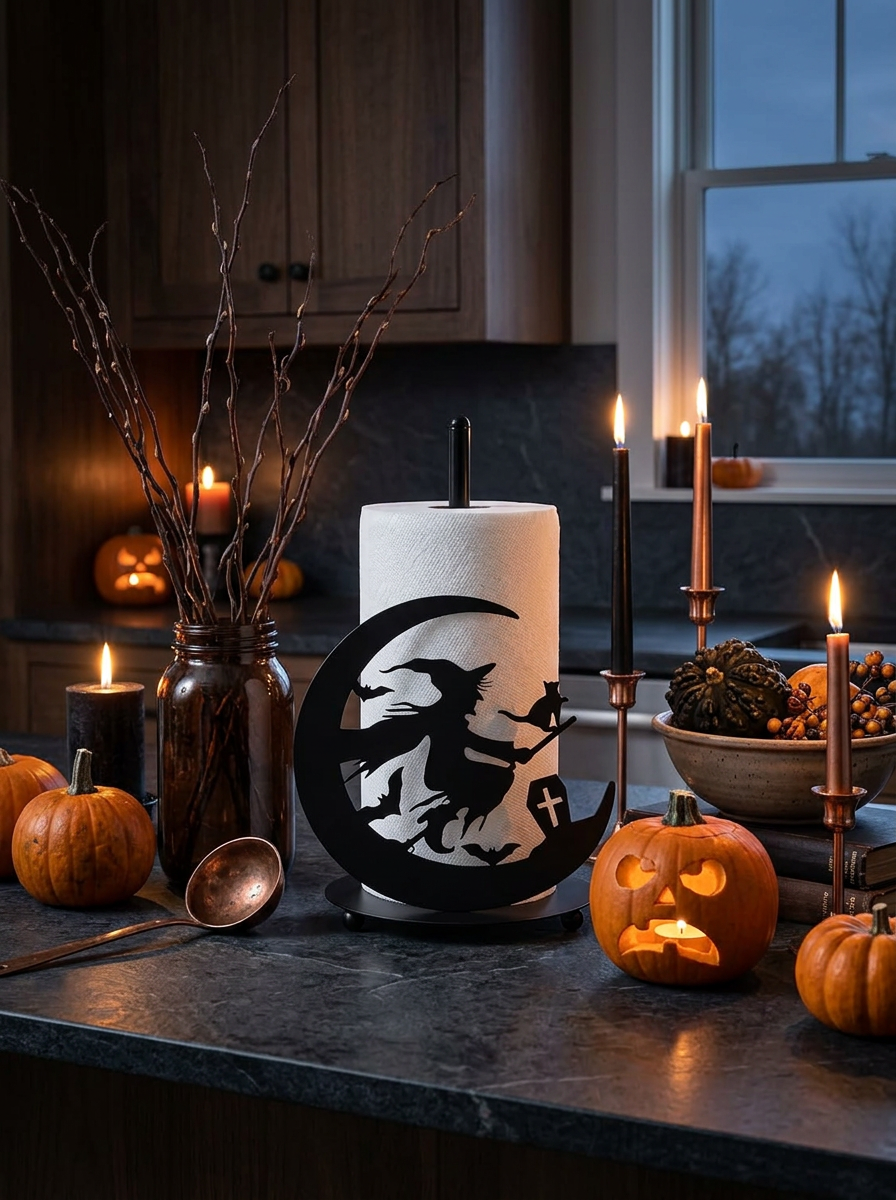 Black witch paper towel holder with candles and carved pumpkins