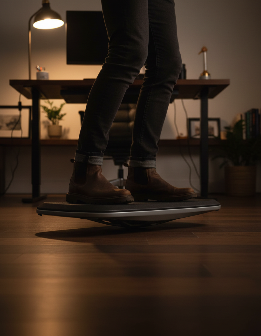 Feet in leather boots balancing on a Level balance board at a standing desk