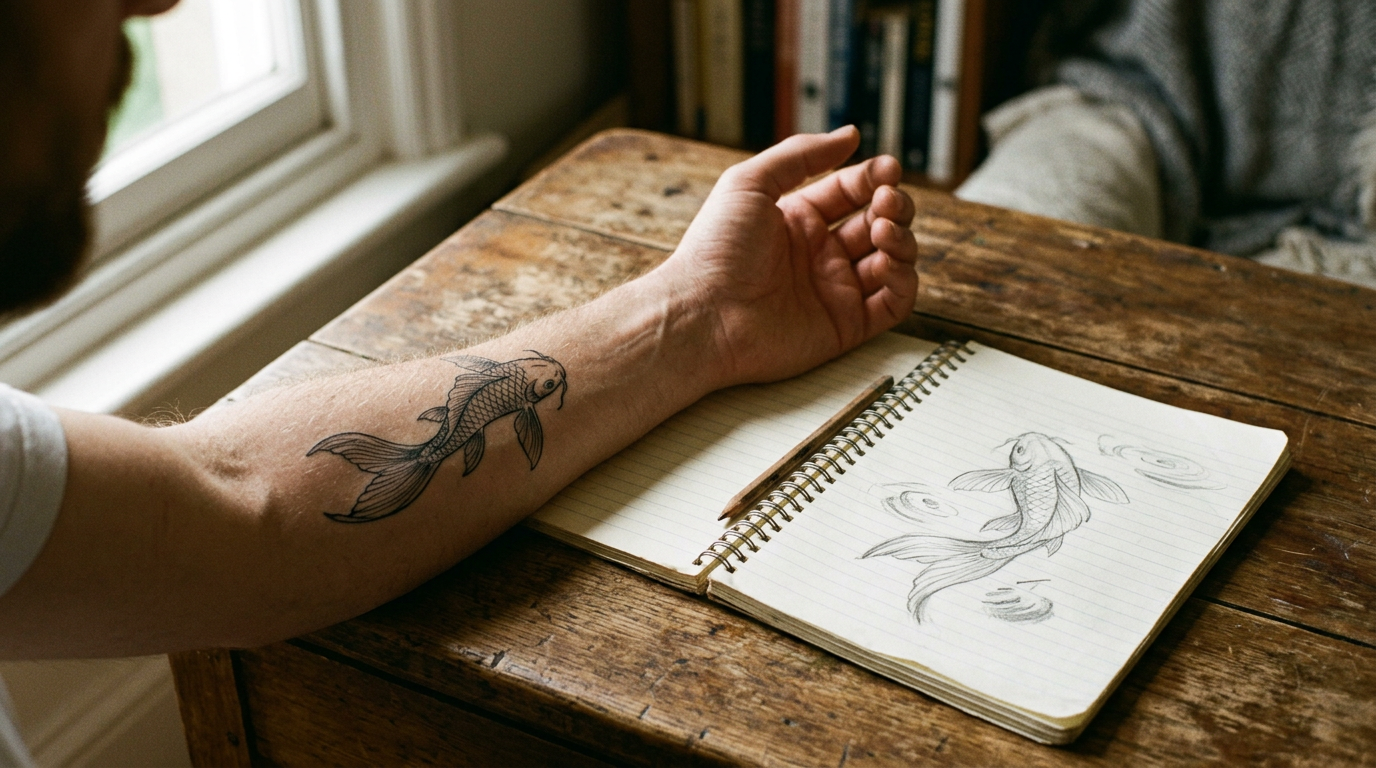 A forearm with a fine-line koi fish tattoo resting beside an open notepad with the original pencil sketch