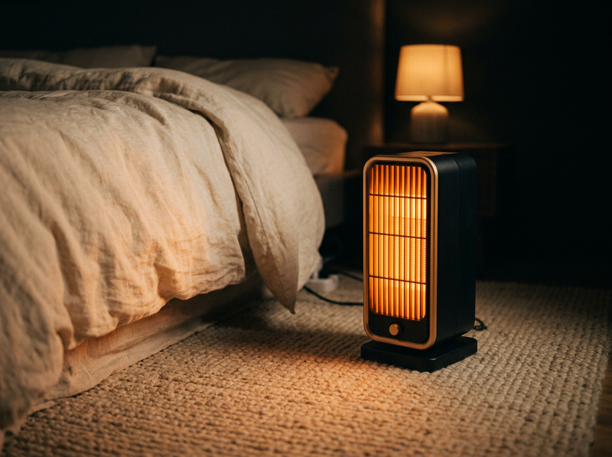 Space heater glowing softly beside a bed with linen bedding at night