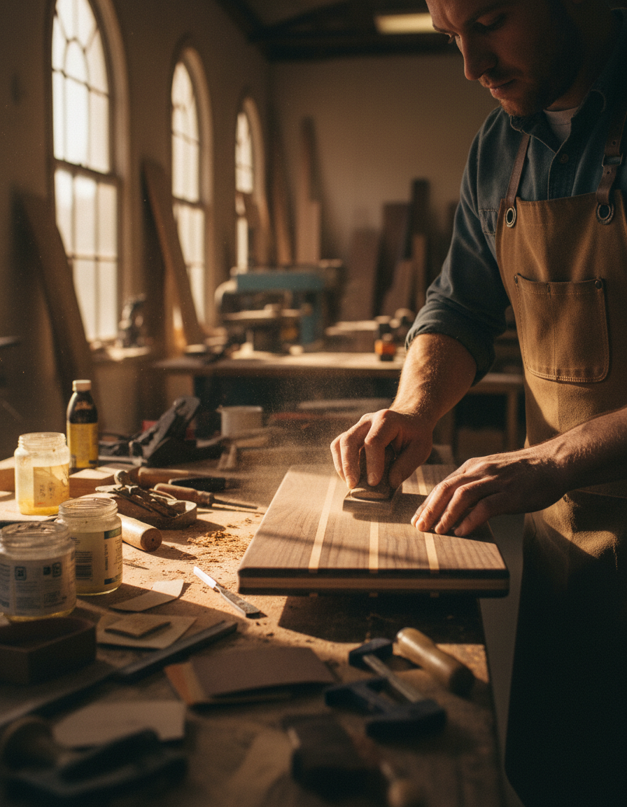 Craftsman hand-finishing a wooden balance board deck in a sunlit workshop