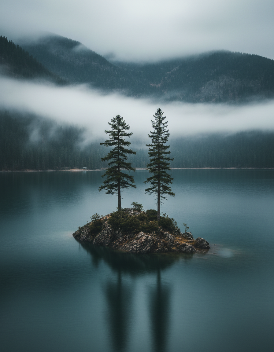 Two lone pine trees on a rocky island in a misty mountain lake