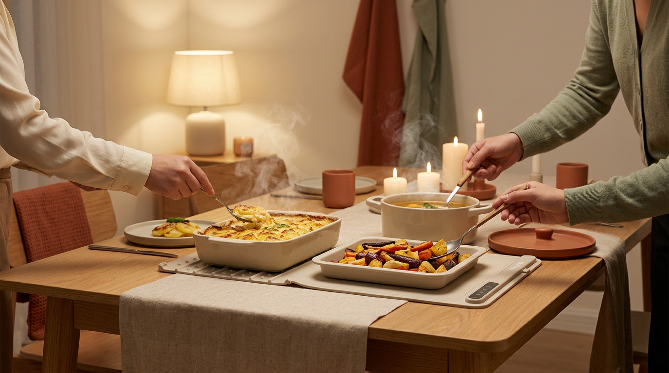 Dîner entre amis, plats fumants posés sur le Warmio Mat au centre de la table