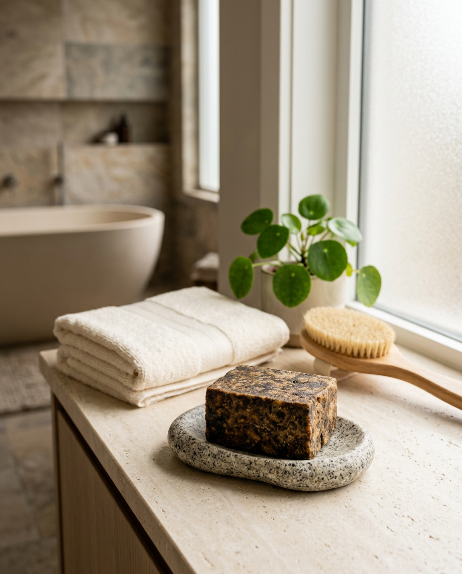 African black soap on a stone dish in a calm bathroom