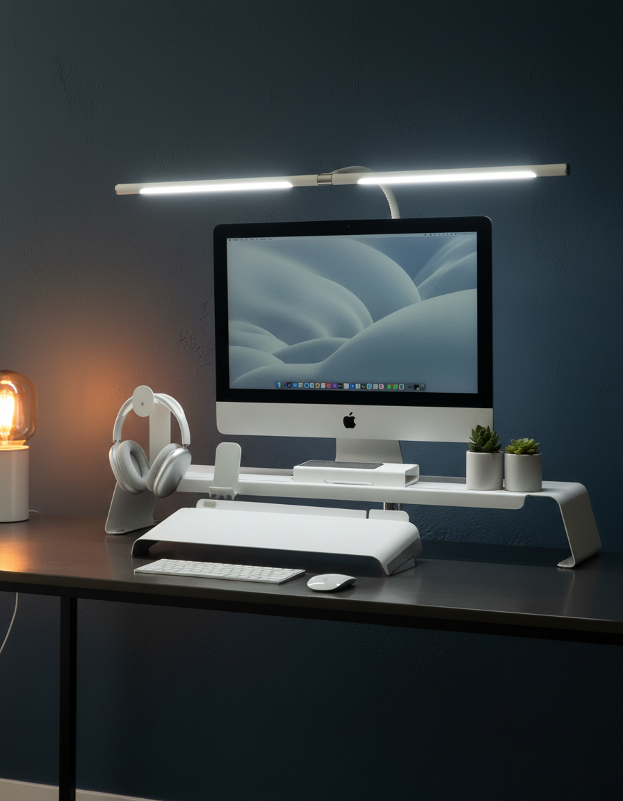 Dark modern desk setup with a Raise monitor stand and warm lamp glow