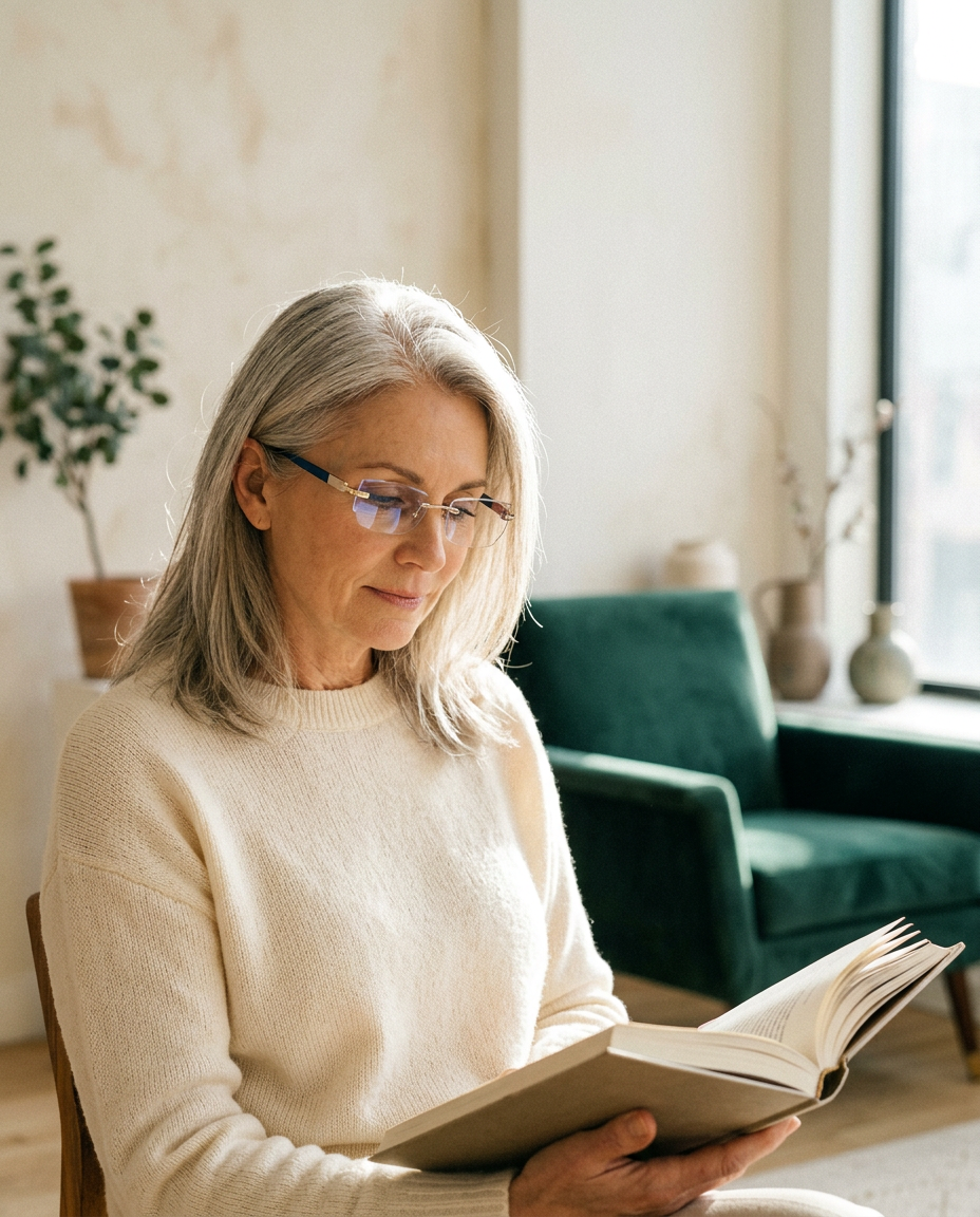 Woman reading by the window wearing Elycura glasses