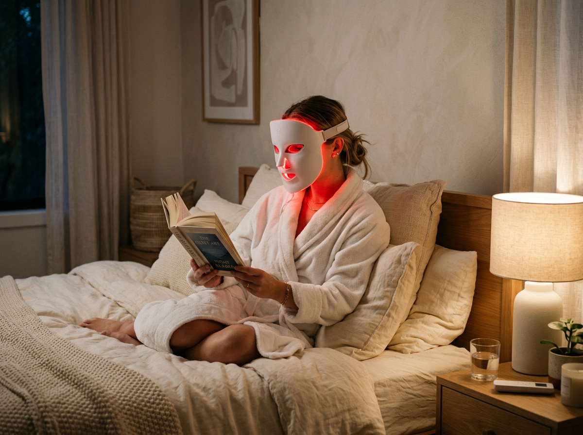 Woman in a robe reading in bed while wearing a red LED face mask
