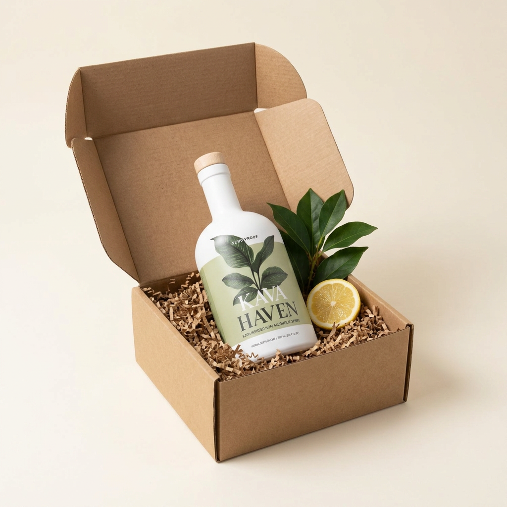 Kava Haven bottle packed in a kraft shipping box