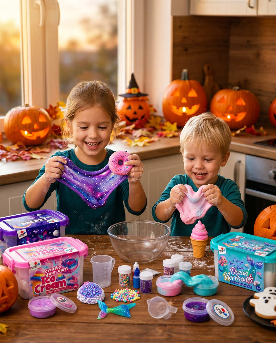 Sourozenci o Halloweenu u stolu s dýněmi natahují vlastní třpytivý sliz