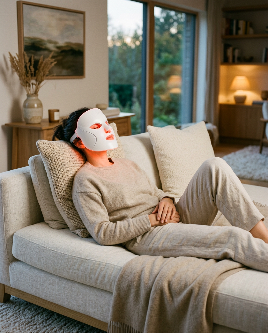 Woman relaxing at home while wearing the AGE REWIND LED face mask