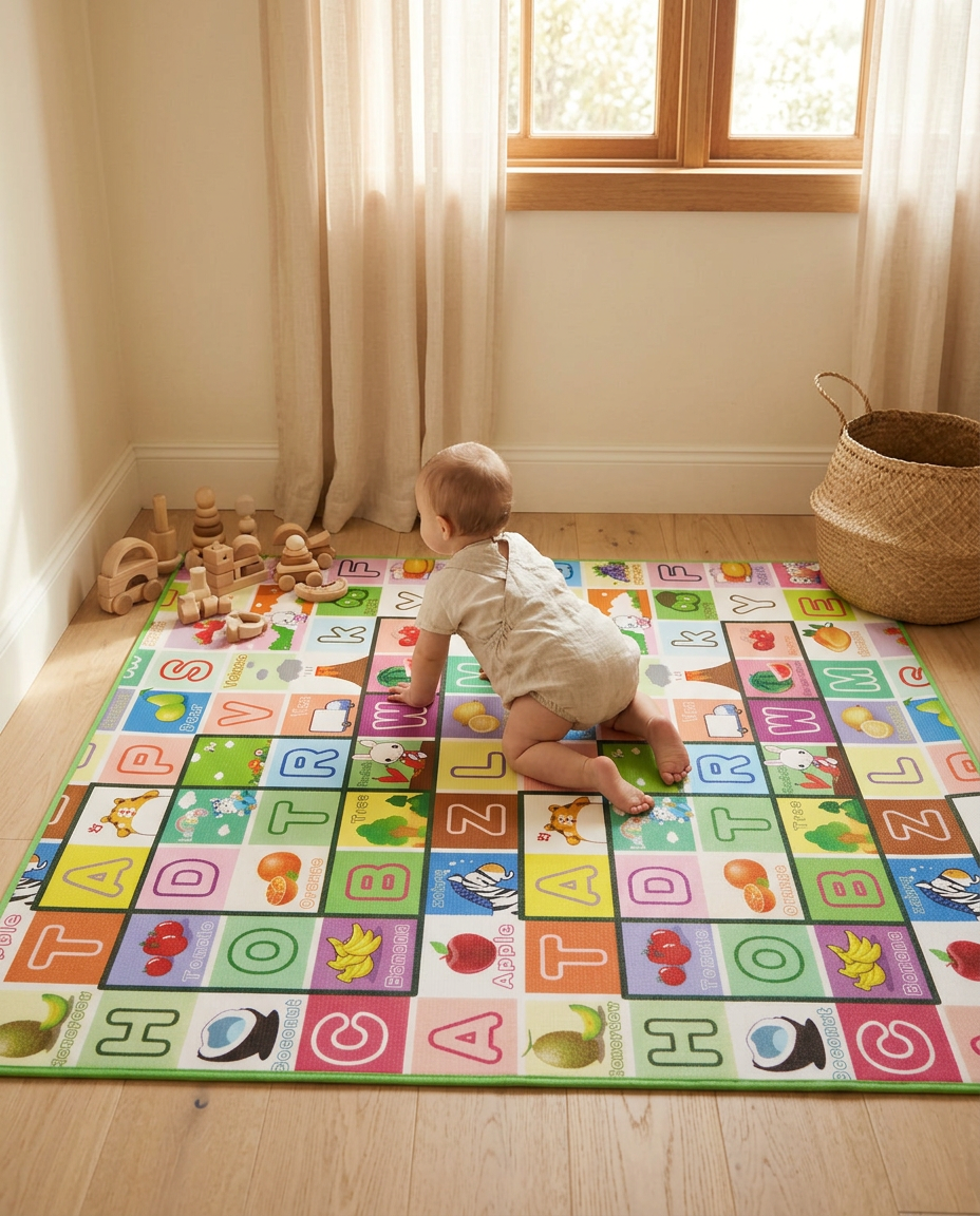 Baby crawling on a soft play mat in a bright nursery