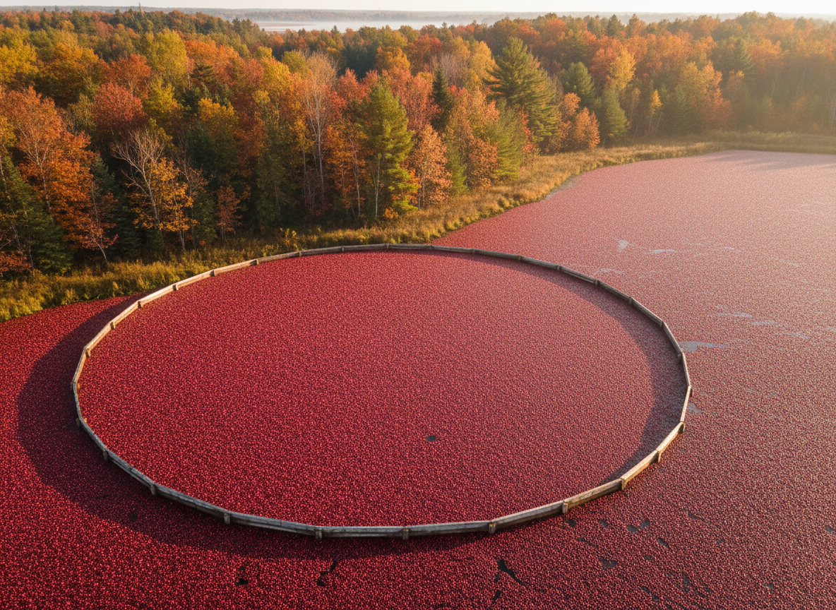 Cranberry bog at harvest, with floating red cranberries corralled beside an autumn forest