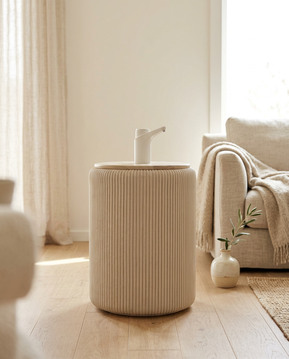 Mueble cubre bidón Camu Beige con dispensador en un living luminoso de tonos crema