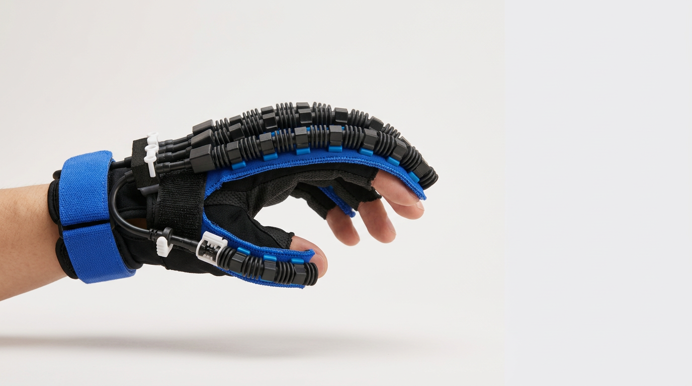 Hand wearing Motion Glove with fingers gently curled mid-movement