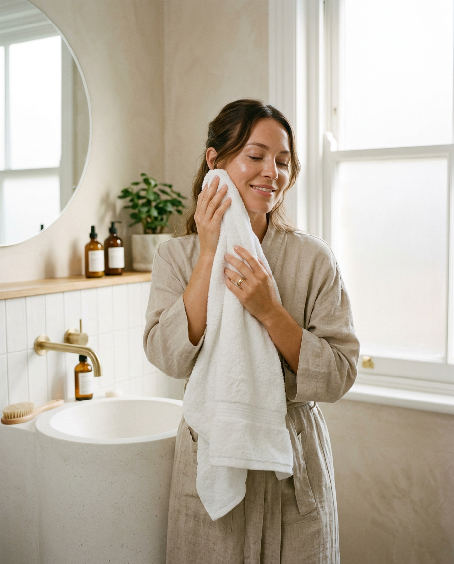 Woman patting her face dry with a towel to start her LED face mask routine on clean, dry skin