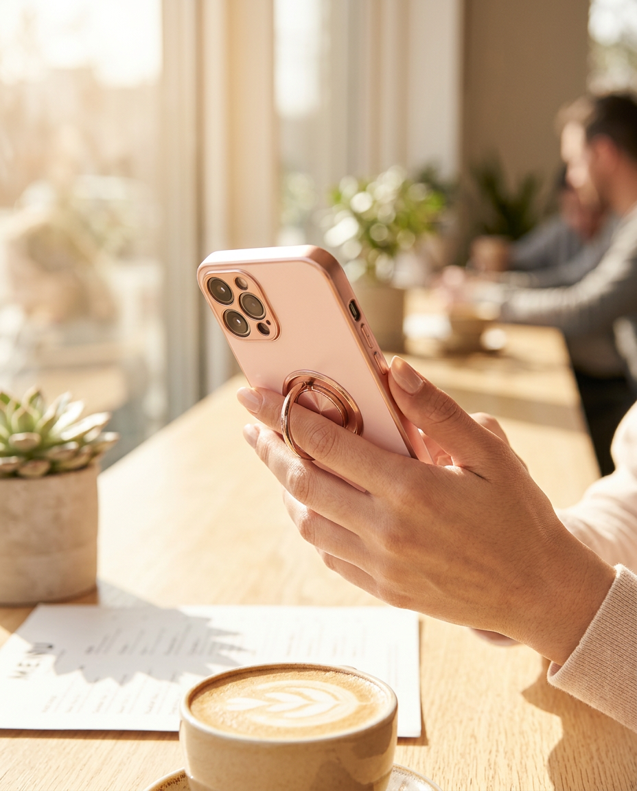 Hand holding an iPhone by the ring holder in a café