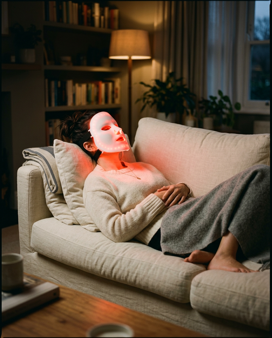 Woman relaxing on a sofa while wearing the AGE REWIND red light therapy mask
