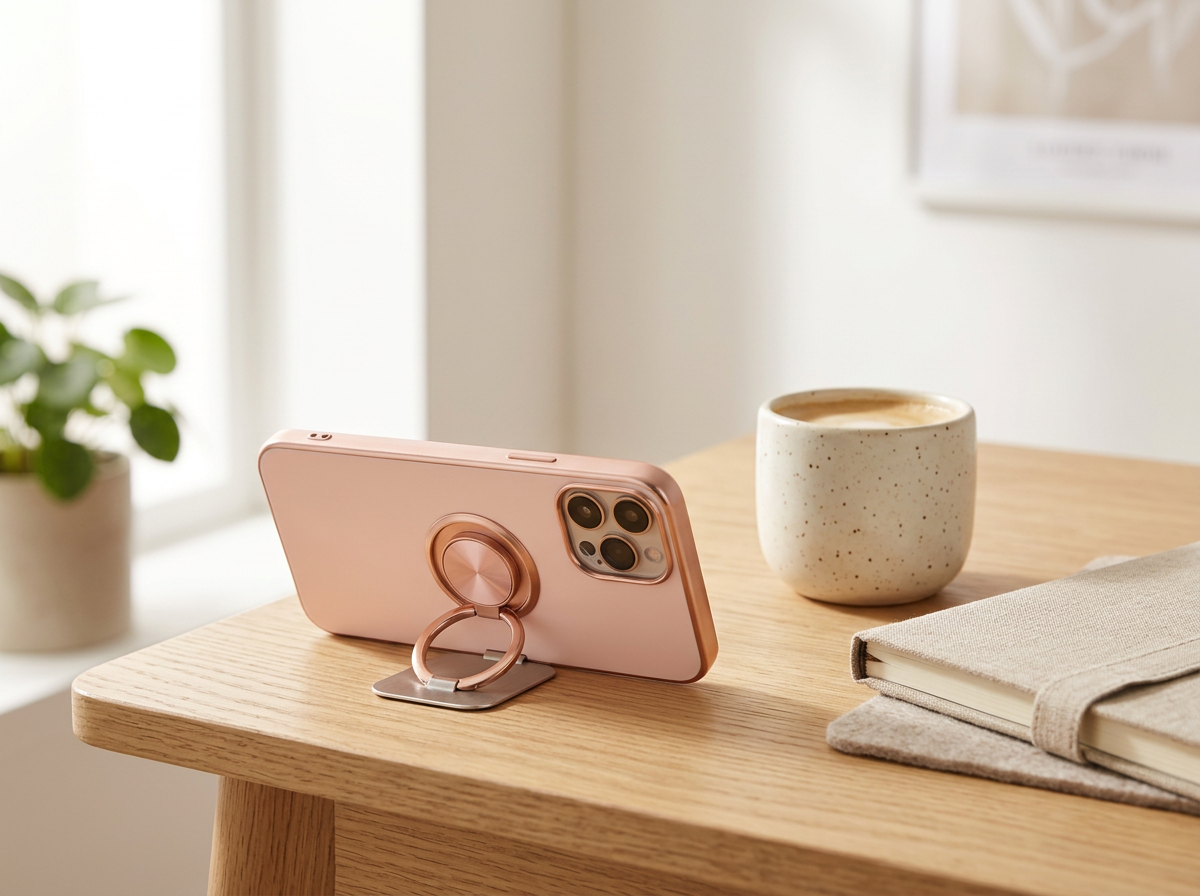 Phone standing on a desk using the ring as a kickstand