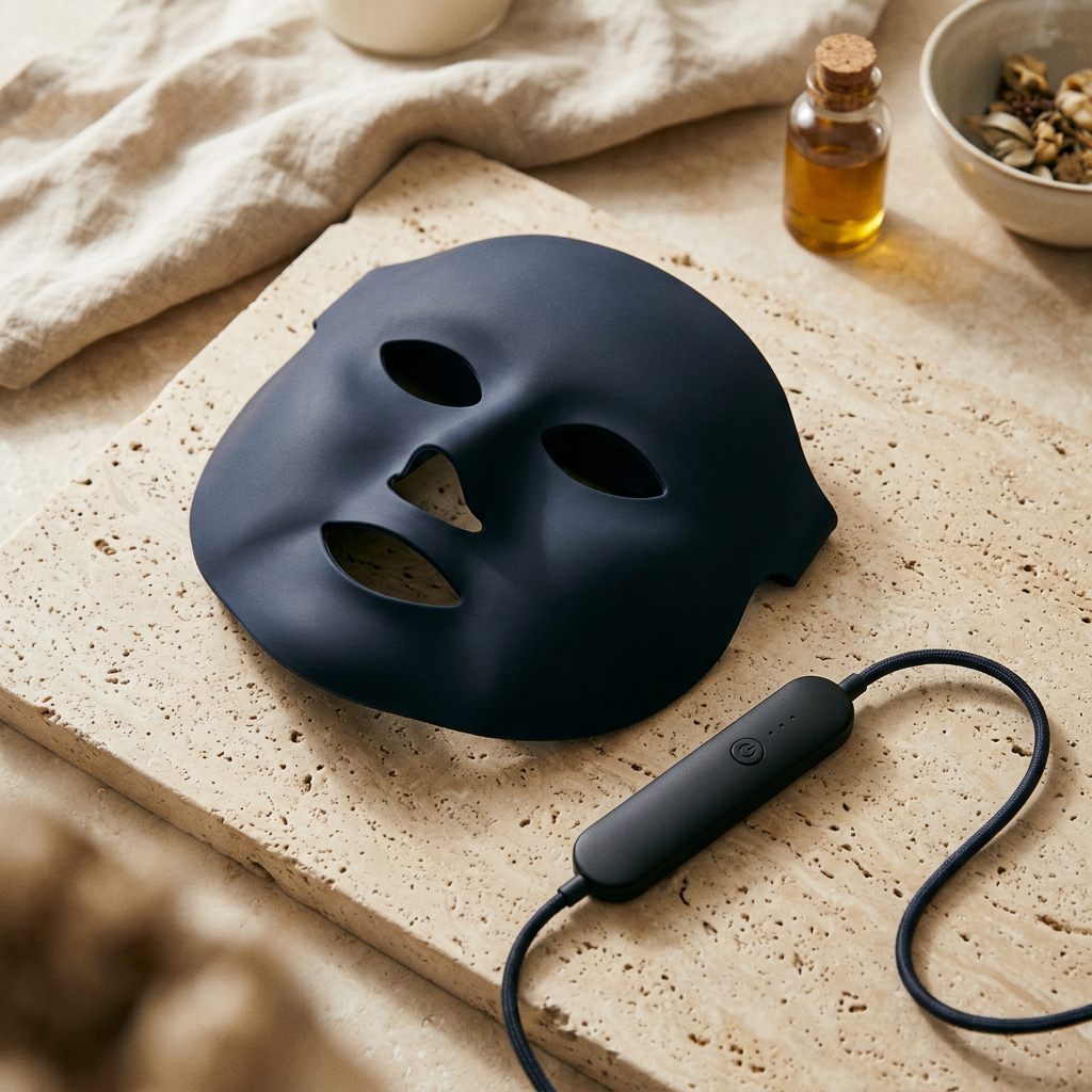 Navy silicone LED face mask with handheld controller on a stone surface