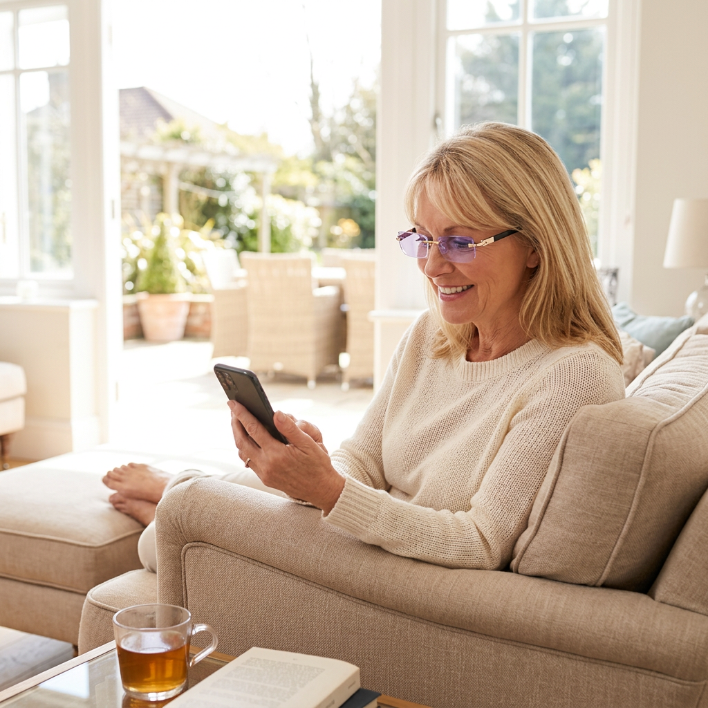 Woman relaxing on the sofa reading her phone while wearing Elycura glasses