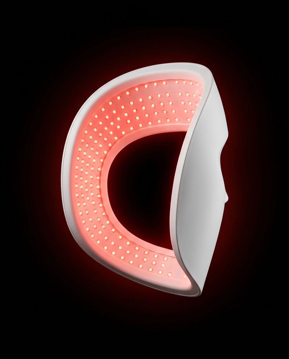 AGE REWIND red light therapy mask, an at-home LED face mask glowing soft red on a black background