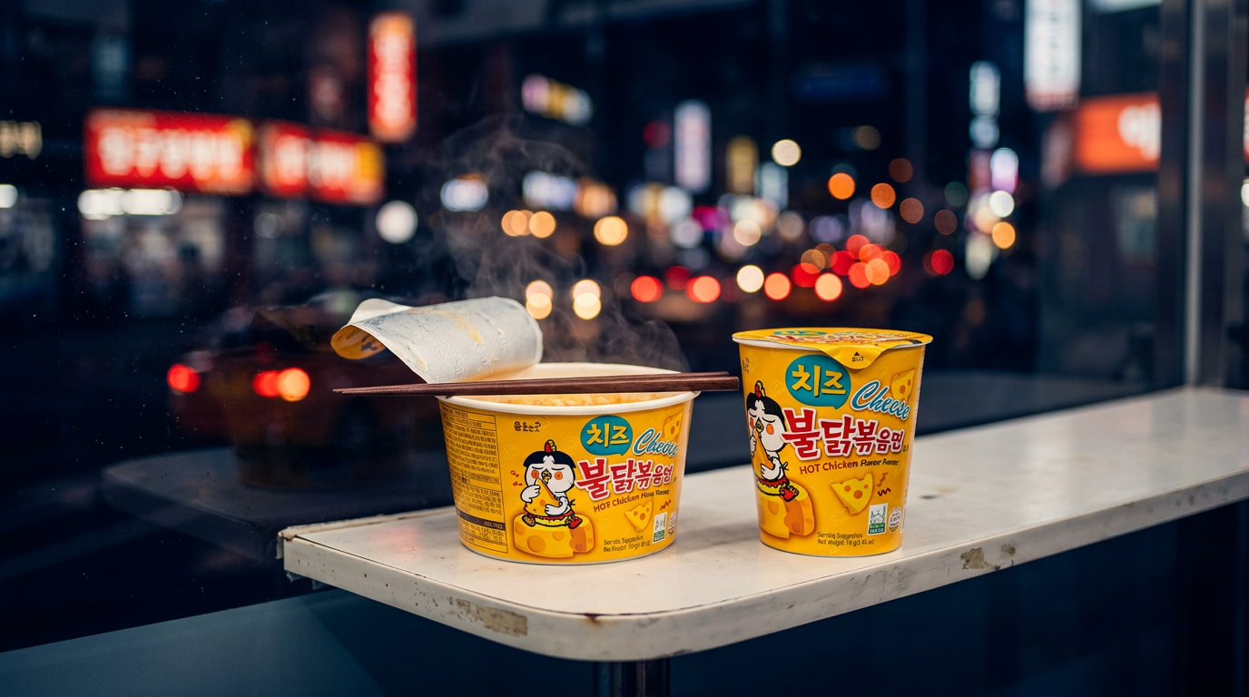 Zwei Buldak Cheese Cups an einem Fensterplatz in Seoul bei Nacht