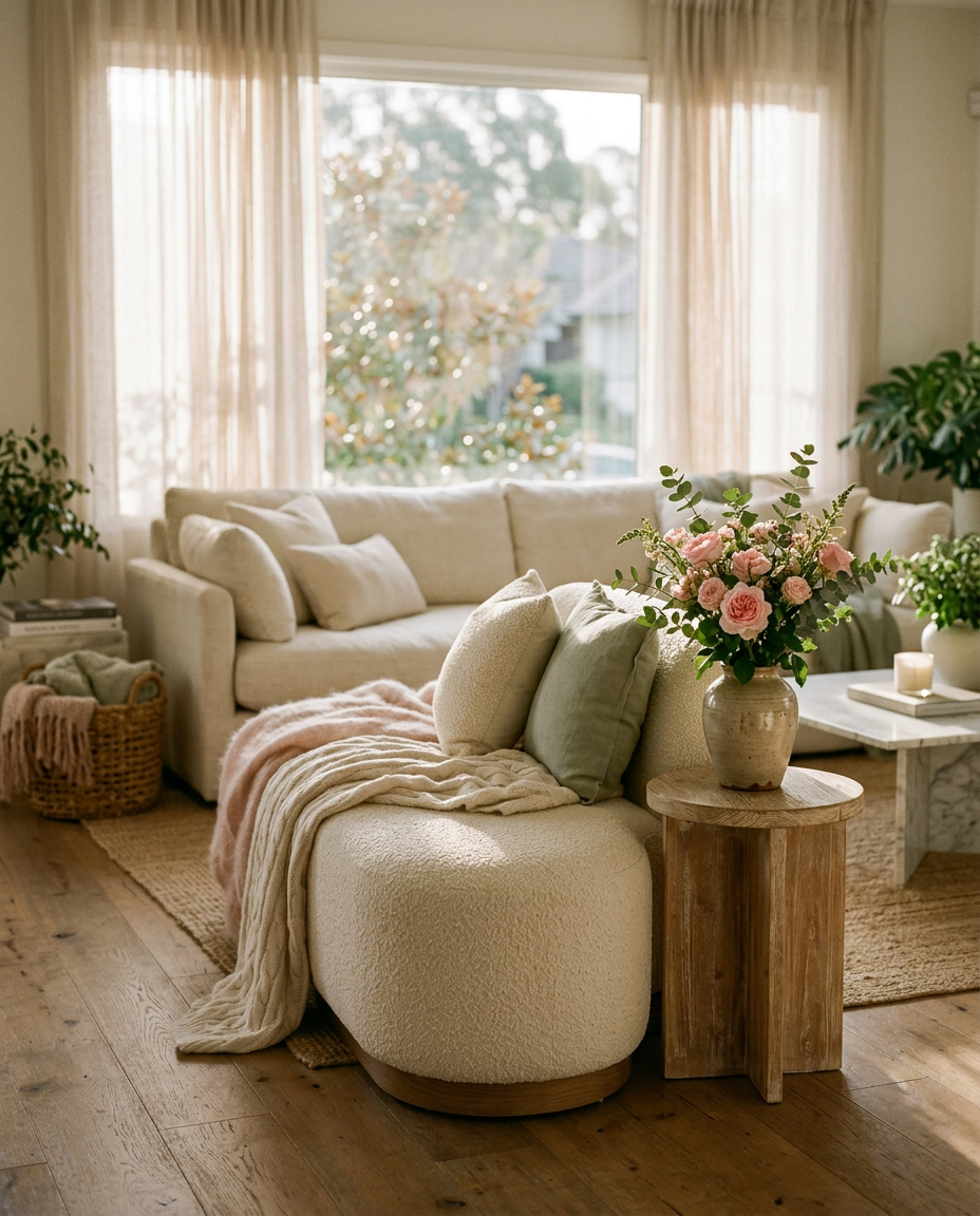 Sunlit living room with an ivory boucle bench, soft throws and pink blooms