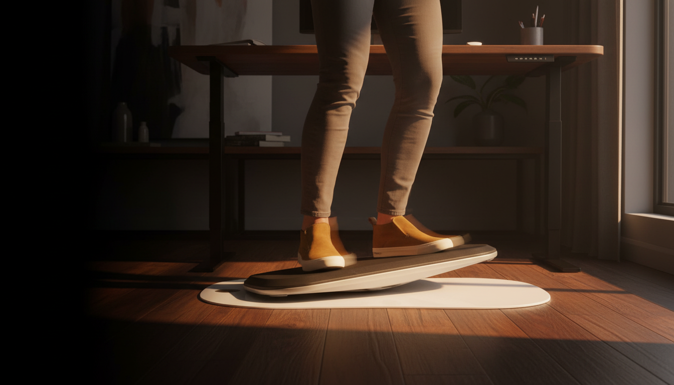 Feet in motion on a FluidStance Level balance board at a standing desk in warm evening light