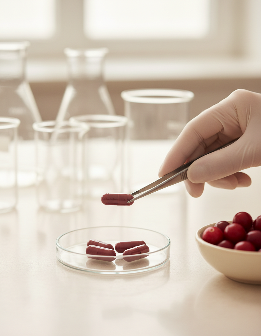 Gloved lab technician lifting a burgundy-red capsule with tweezers above a petri dish of capsules, beside fresh cranberries