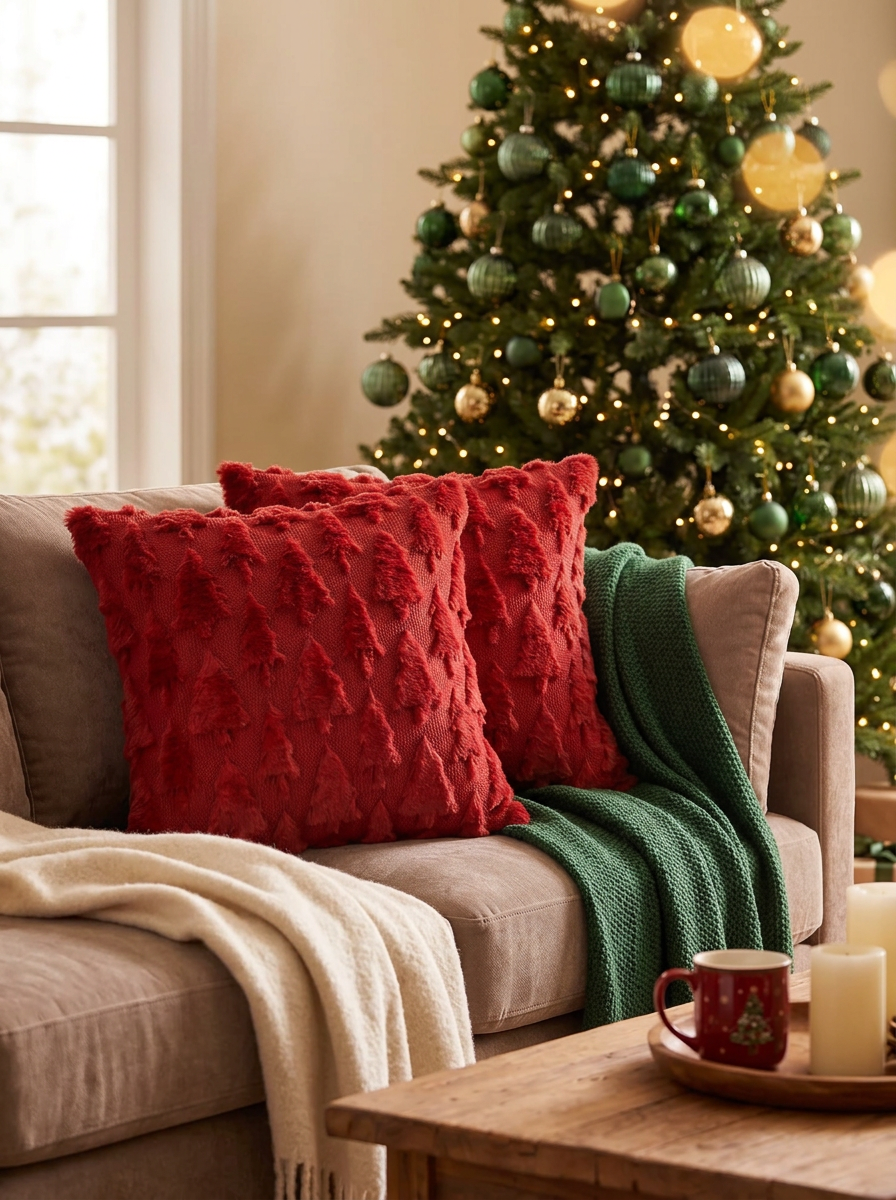 Red faux fur Christmas tree pillows on a sofa by a lit tree