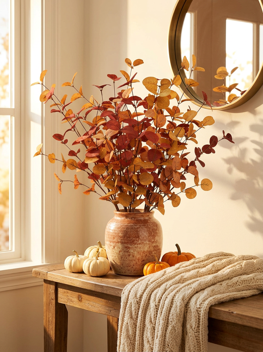 Autumn eucalyptus stems in a stoneware vase with small pumpkins
