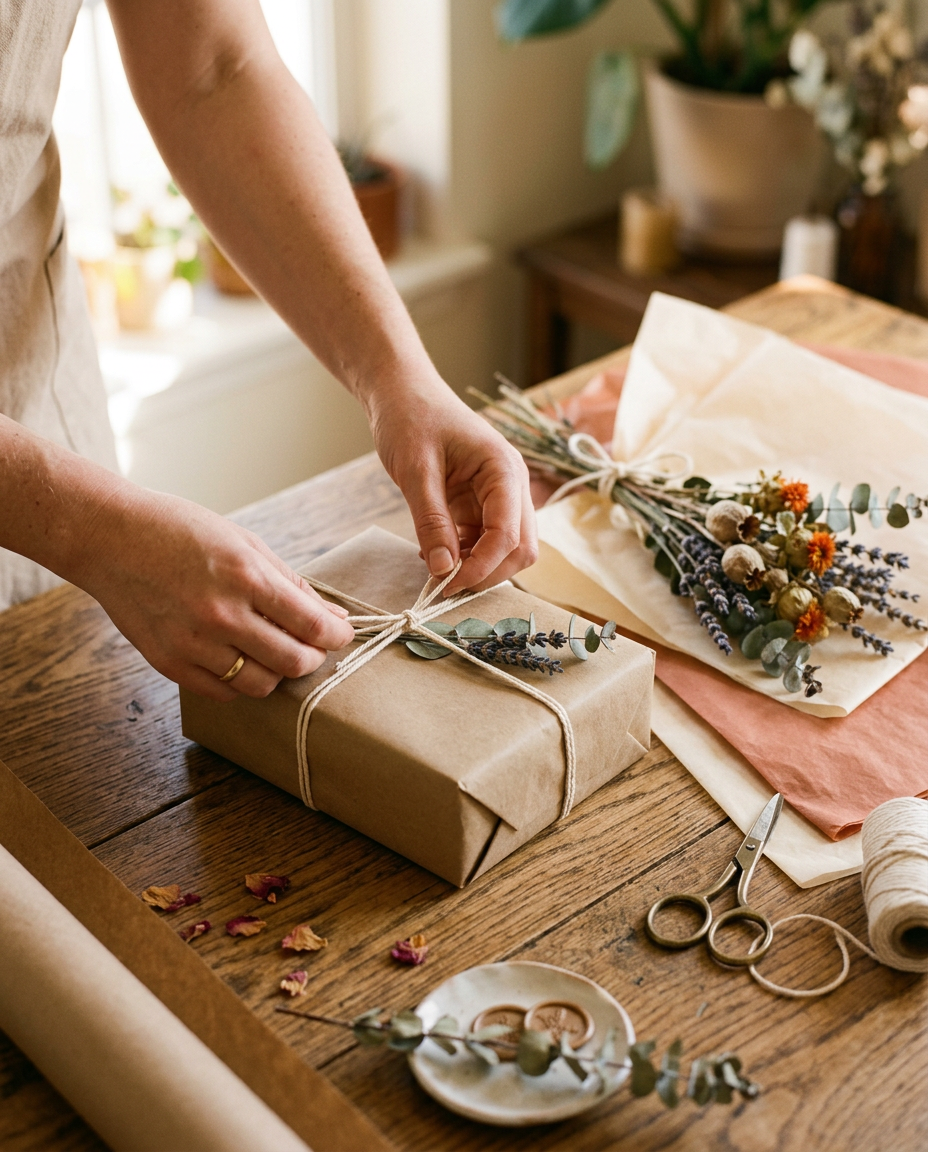 Hands wrapping a parcel in kraft paper with twine