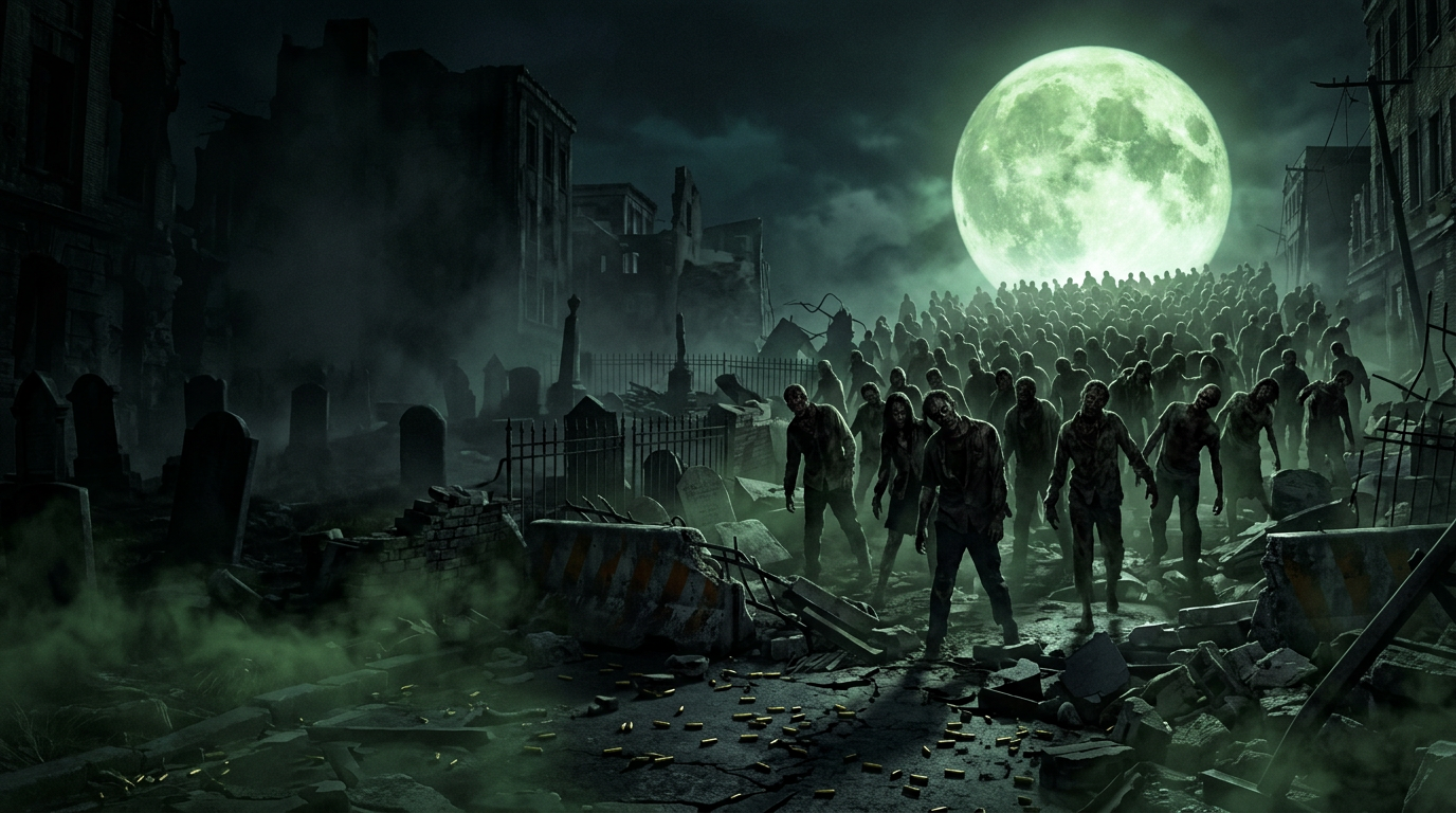 A horde of rotting zombies shambling through a foggy, ruined street beneath an enormous glowing green full moon