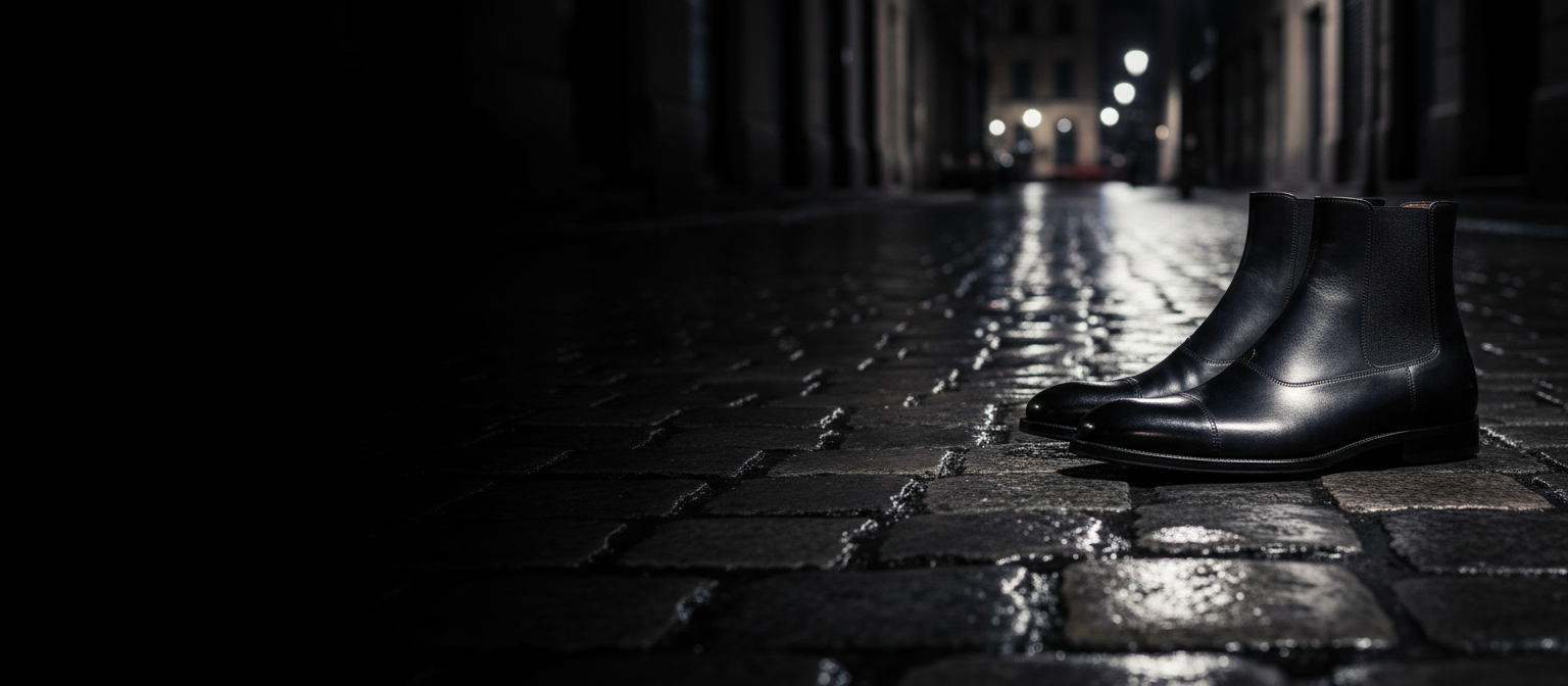 Polierte schwarze Oxford-Schuhe und Chelsea-Boots auf nassem Kopfsteinpflaster bei Nacht