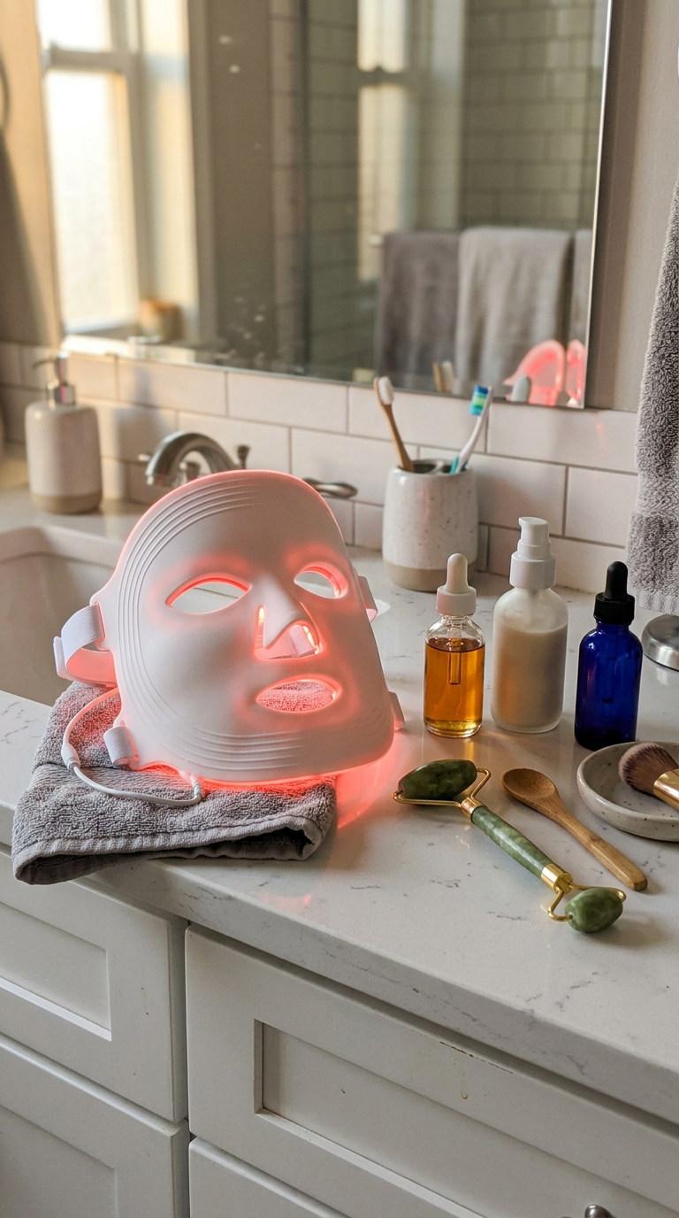 At-home LED mask on a bathroom vanity next to skincare products