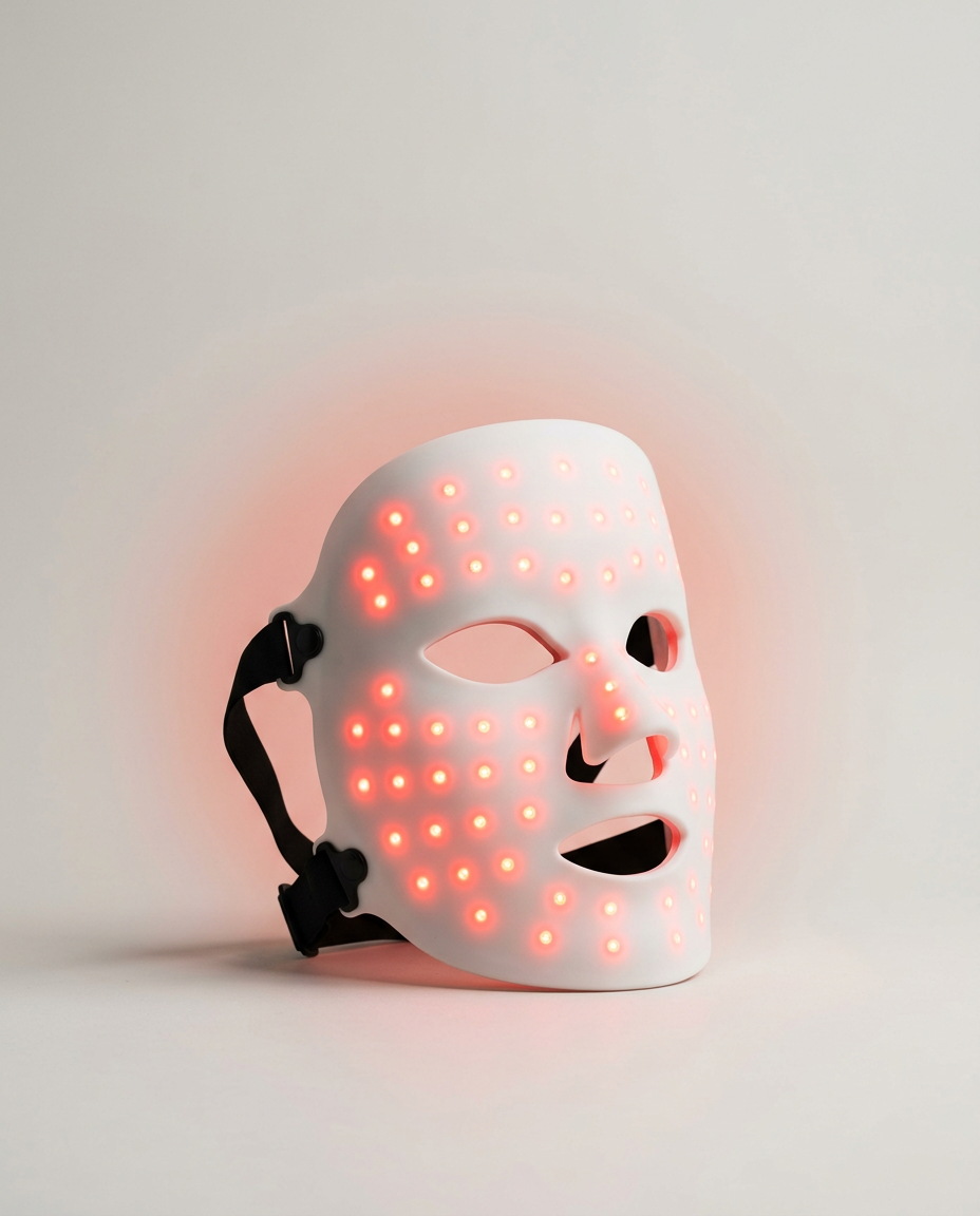 AGE REWIND red light therapy mask — white LED face mask with glowing red LEDs on a clean studio background