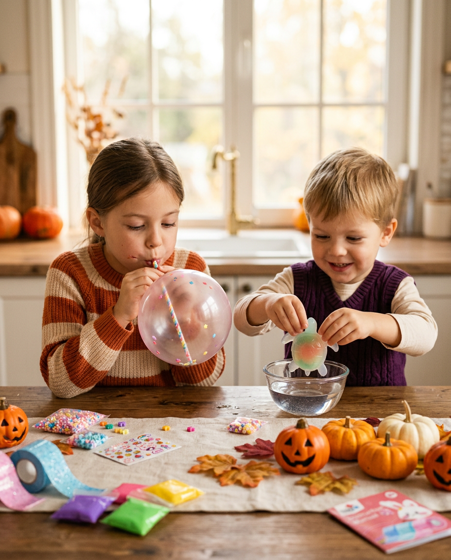 Sourozenci tvoří u stolu s halloweenskými dýněmi – sestra nafukuje brčkem bublinku z Nano pásky, bratr vytahuje z vody vodní figurku