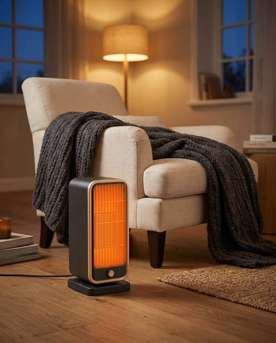 Compact ceramic space heater glowing beside a linen armchair in a cozy living room