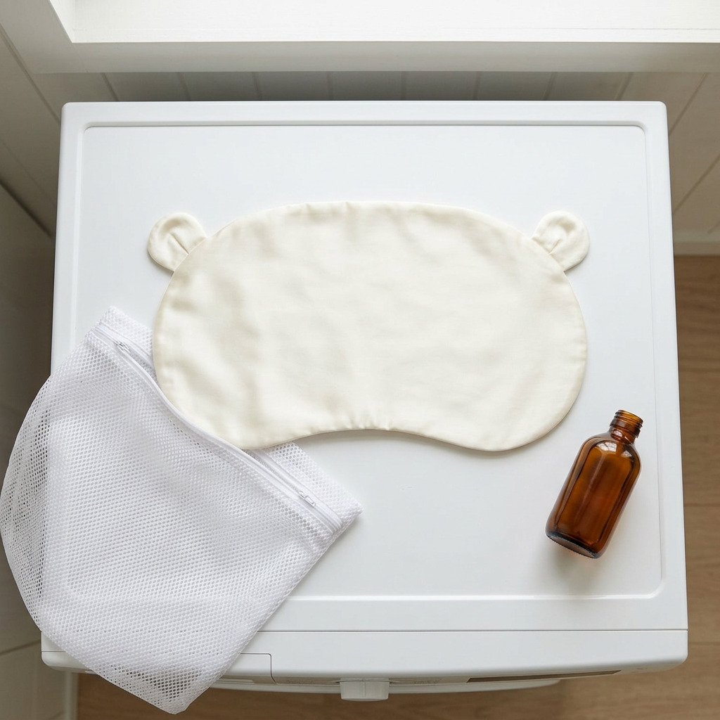 Silk head sheet laid on a washing machine beside a mesh laundry bag and gentle detergent