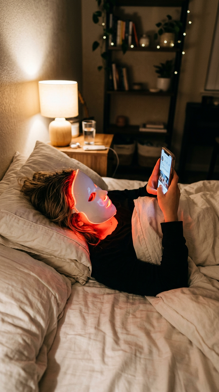 Creator relaxing in bed while wearing an LED face mask