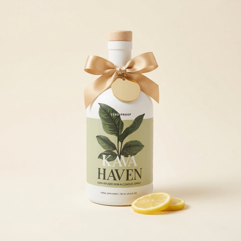Kava Haven bottle tied with a gold ribbon
